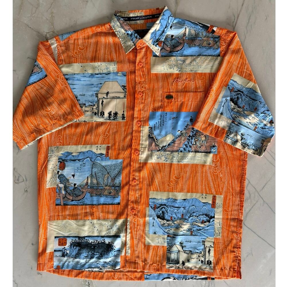 Y2K Vintage Phat Farm Hawaiian Asian Pattern Graphic Print Button Shirt Men XL